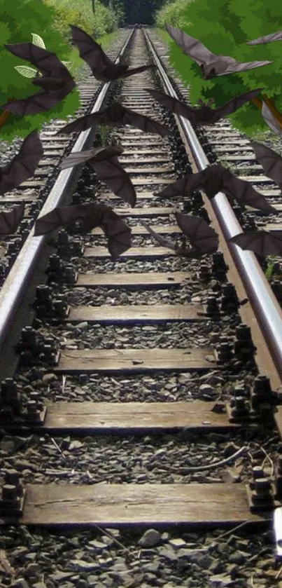 Wallpaper of bats flying over railway tracks with lush green trees.