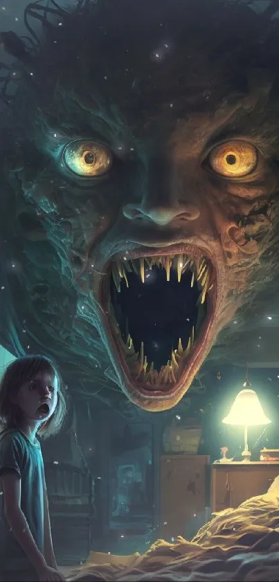 Child faces a giant creature in a dark bedroom, capturing a horror fantasy scene.
