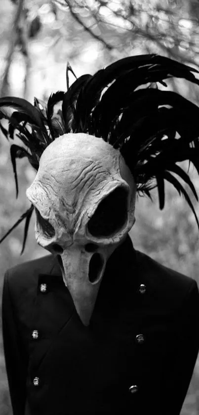 Eerie wallpaper featuring a person in a bird skull mask with black feathers.