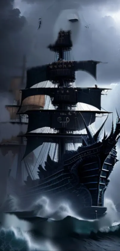 Eerie black pirate ship sails through a stormy ocean.