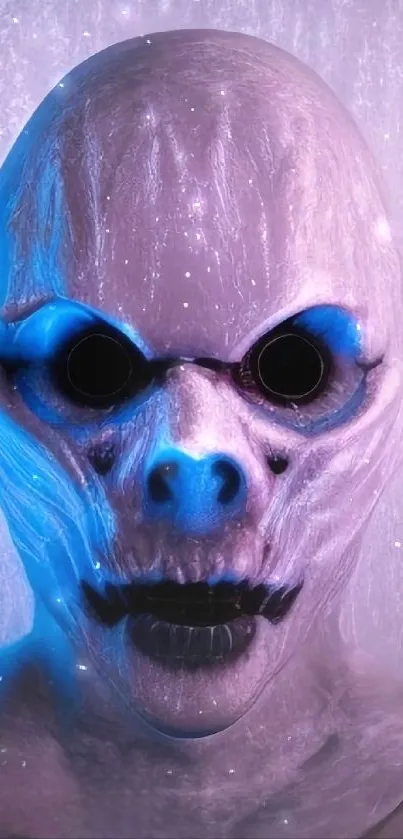 Eerie blue alien mask under glowing light.