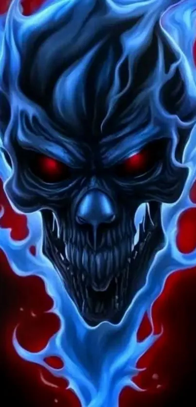 A fiery blue flame skull with red eyes on a dark background.