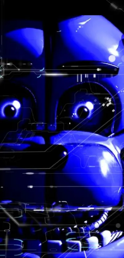 Eerie blue robot face against dark background on mobile wallpaper.