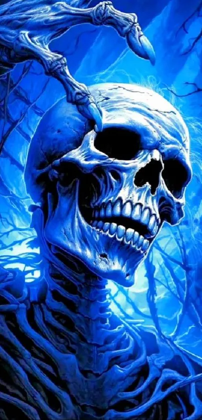 Blue skeleton with eerie cosmic backdrop in vibrant detail.