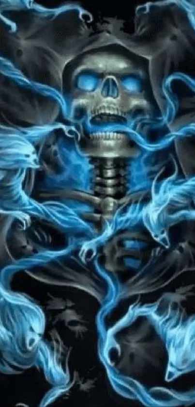 Eerie wallpaper with blue skull and swirling mystical energy.