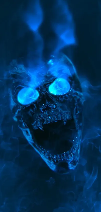 Glowing blue skull with smoke effect on dark background.