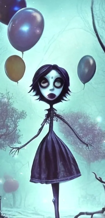 Eerie cartoon girl with balloons in a dark forest setting.