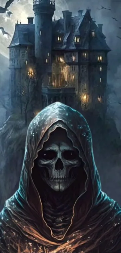 Hooded skull in front of a haunted castle at night.