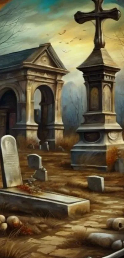 Eerie cemetery with gravestones at dusk and gothic architecture.