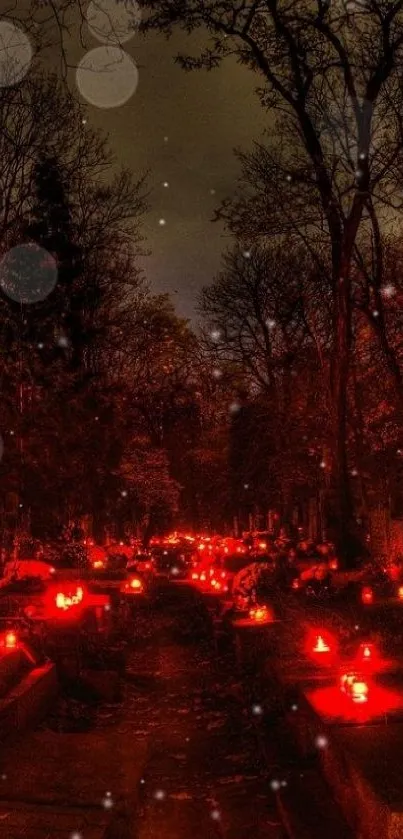 Cemetery path lit by red lanterns at night, creating an eerie ambiance.