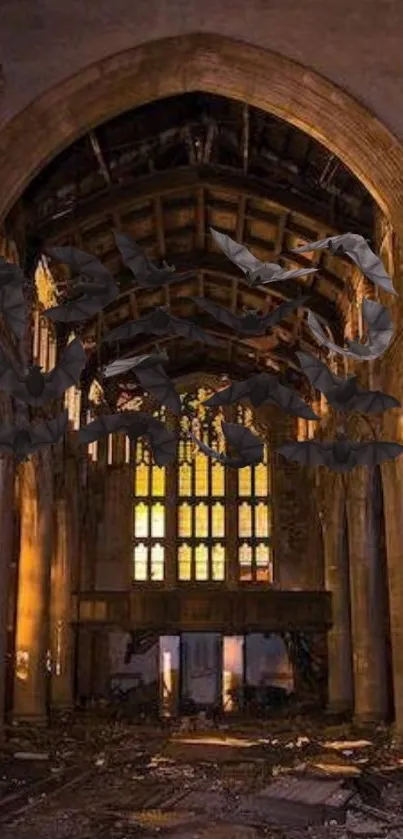 Abandoned chapel with bats and gothic arches in warm tones.