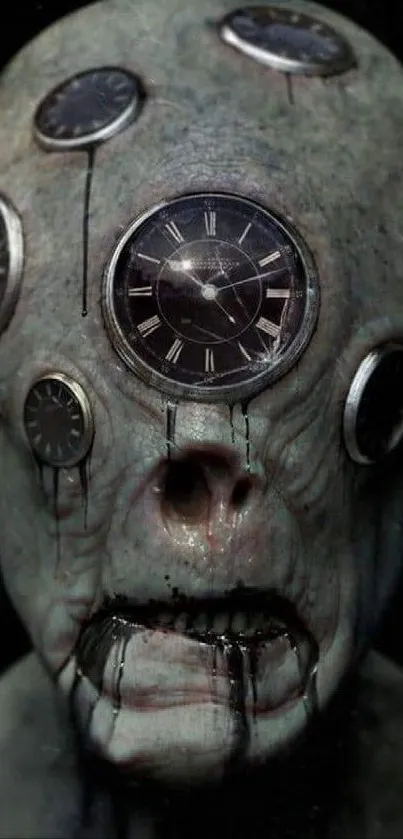 Eerie humanoid figure with clocks embedded in its head.