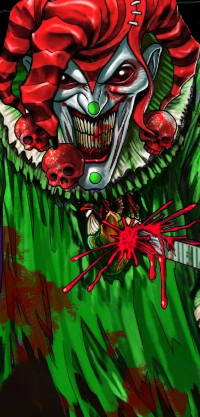 Eerie clown art with a vivid green costume and red accents.