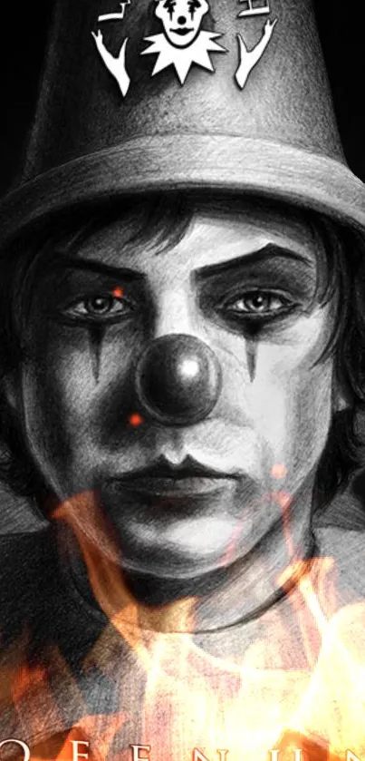 Eerie sketch of a clown with fiery artistic elements in black and white.