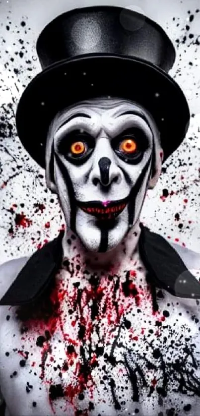 Eerie clown with top hat and splatter effects in dramatic colors.