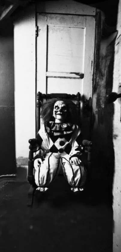 Eerie black and white wallpaper of a clown in a chair.