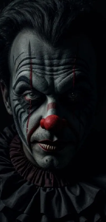 Dark eerie clown mobile phone wallpaper with black and red theme.
