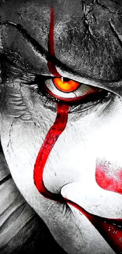 Eerie clown face with striking red eye makeup on mobile wallpaper.