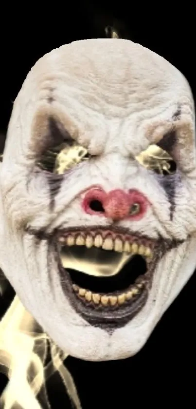 Eerie clown face with a menacing expression on a dark background.