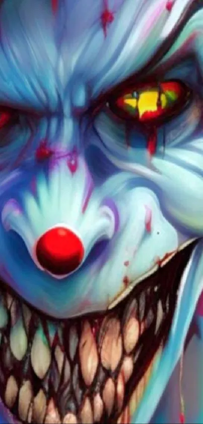 Creepy blue clown face with vibrant colors and sinister expression.