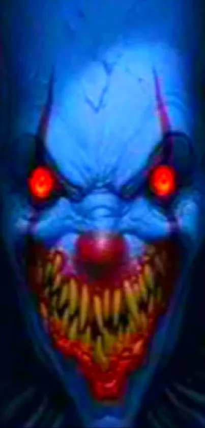 Creepy clown with glowing eyes in vibrant blue and red for mobile wallpaper.