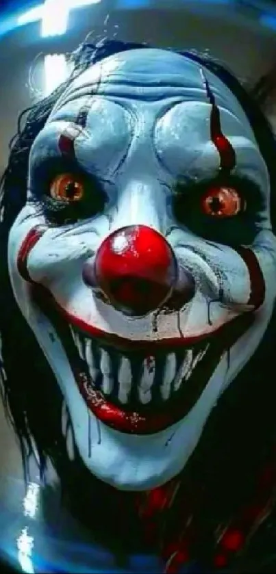 Eerie clown with haunting smile on phone wallpaper