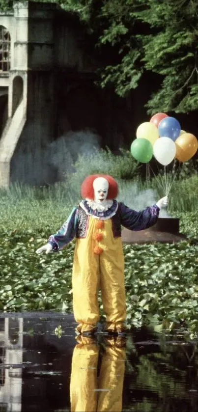 Creepy clown in colorful attire holding balloons by a forest lake.