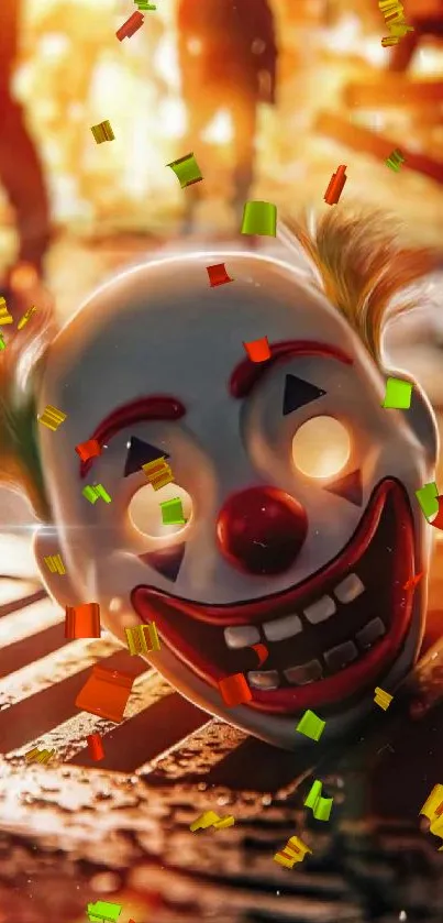 Eerie clown mask with fiery background