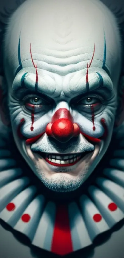 Menacing clown face with a dark and eerie expression, ideal for horror wallpaper.