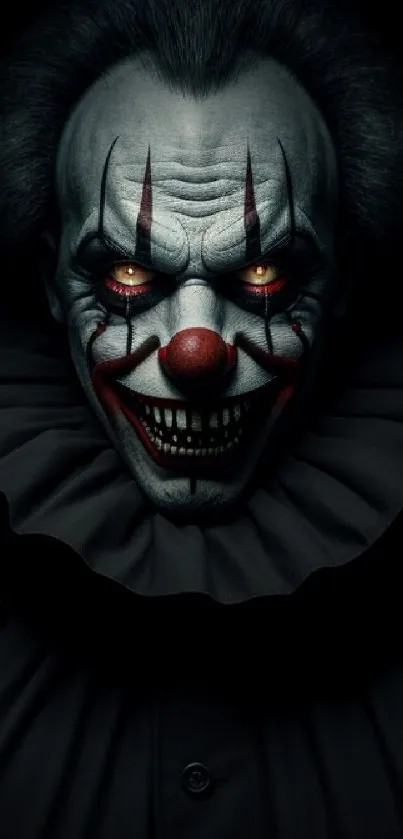 Eerie clown face with glowing eyes on dark wallpaper.