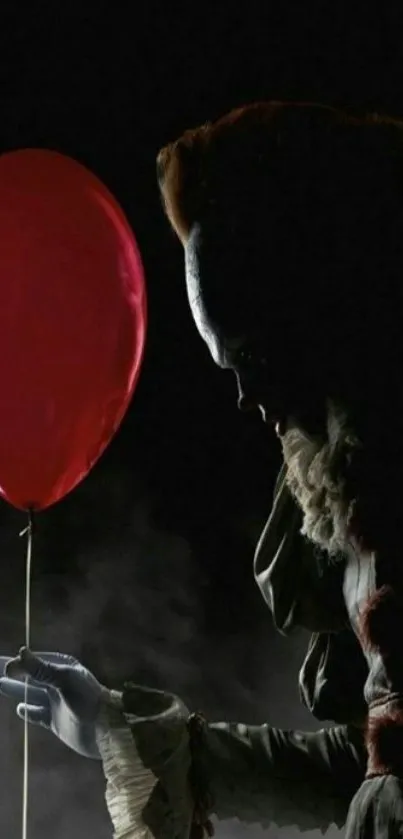 Eerie clown silhouette with red balloon, against dark background.