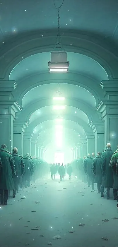 Surreal corridor with figures in an illuminated hallway.