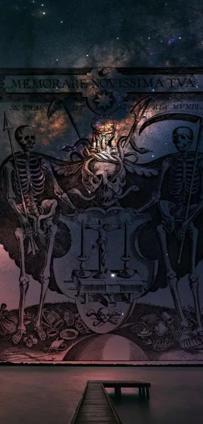 Cosmic skeleton art on a starry sky background.