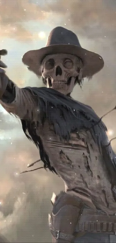 Eerie cowboy skeleton with arrows in a dramatic setting.