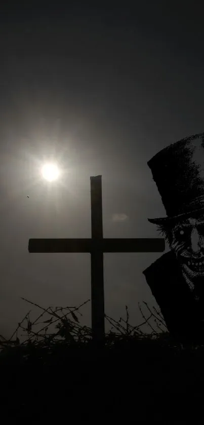 Dark cross with sun wallpaper, eerie vibe.