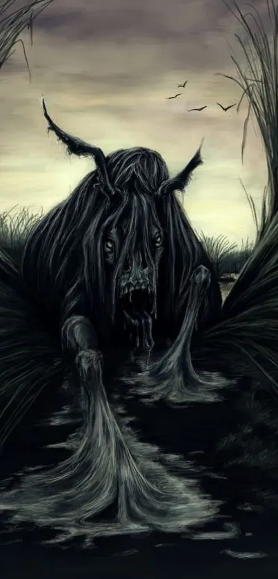 Eerie forest creature emerging from shadows in dark, mysterious wallpaper.