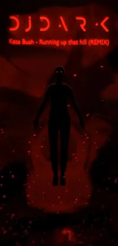 Eerie dark silhouette centered in red glowing background.