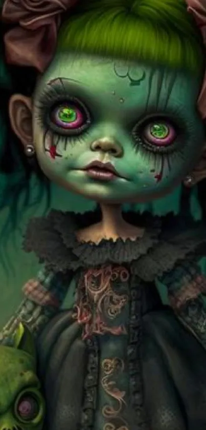 Eerie doll with green eyes and gothic attire.