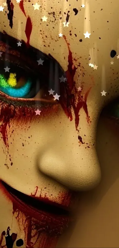 Close-up of eerie, artistic doll face with vivid eyes and blood-like details.