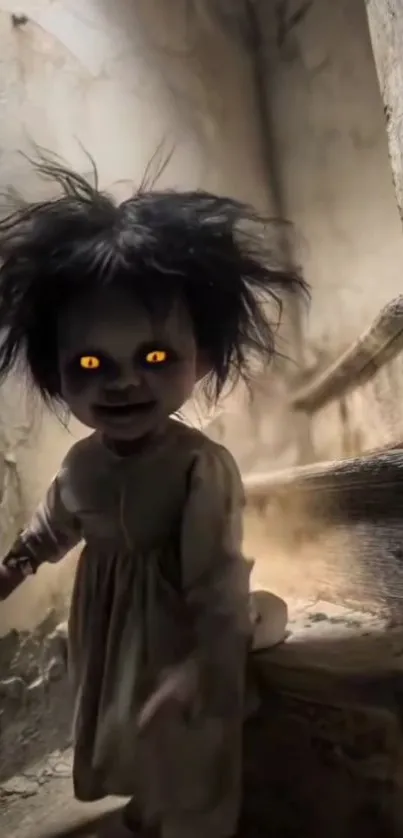 Spooky doll in a dimly lit, eerie corner.