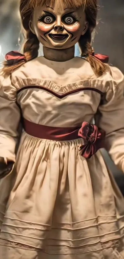 Vintage doll with eerie expression and dress.