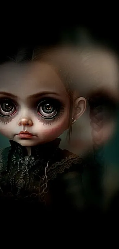 Eerie doll with dark reflection in gothic art wallpaper.