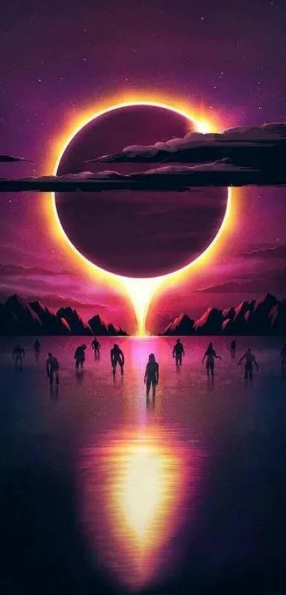 Sci-fi wallpaper with an eerie eclipse and shadowy figures.