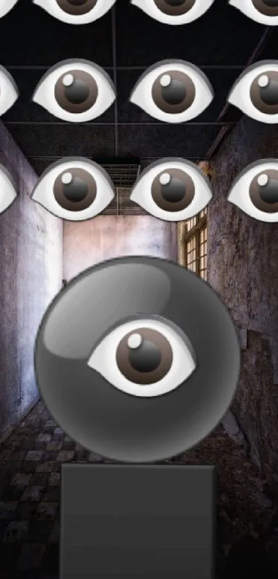 A surreal mobile wallpaper with multiple eyes in a dim hallway.