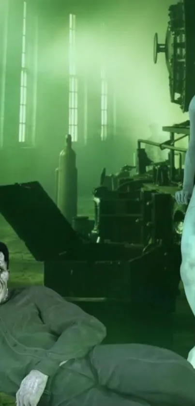 Eerie green factory scene with ghostly figures.