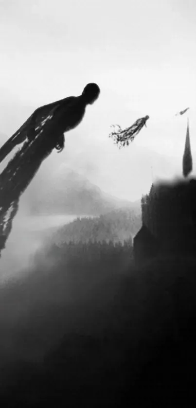 Eerie silhouette flying above a dark castle in a misty landscape.