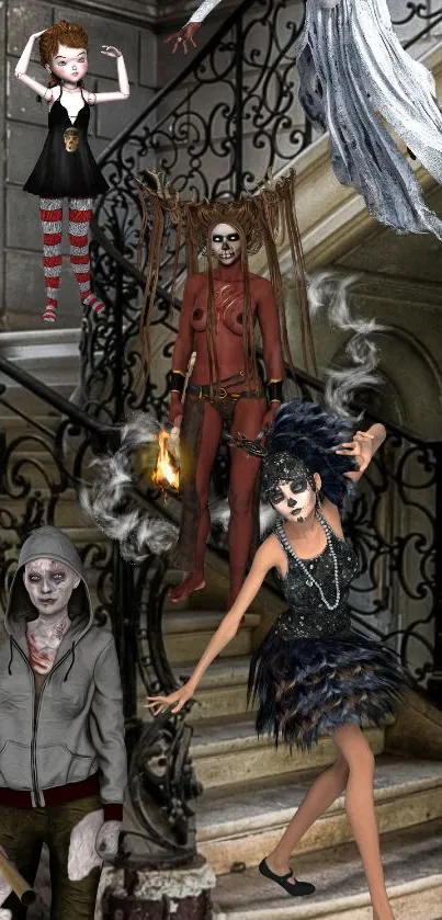 Haunting staircase scene with spooky fantasy characters and gothic design.