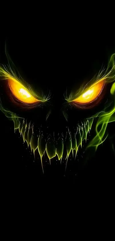 A vibrant skull with fiery eyes and green smoke on a black background.