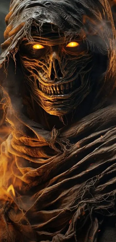 Hooded skull engulfed in flames on a dark background.