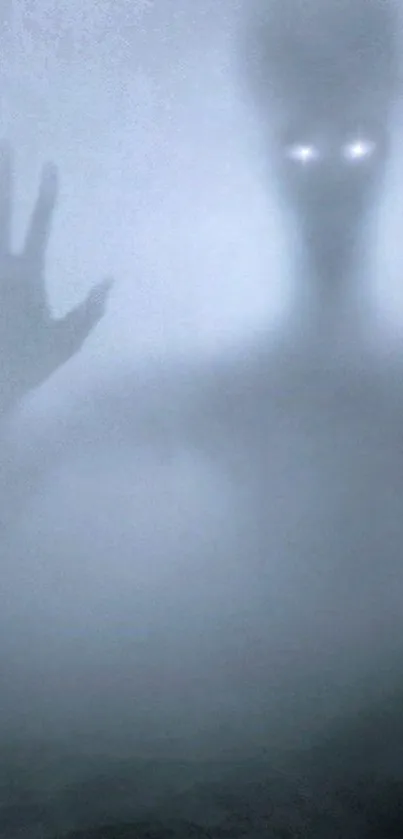 Eerie silhouette with glowing eyes in foggy atmosphere.